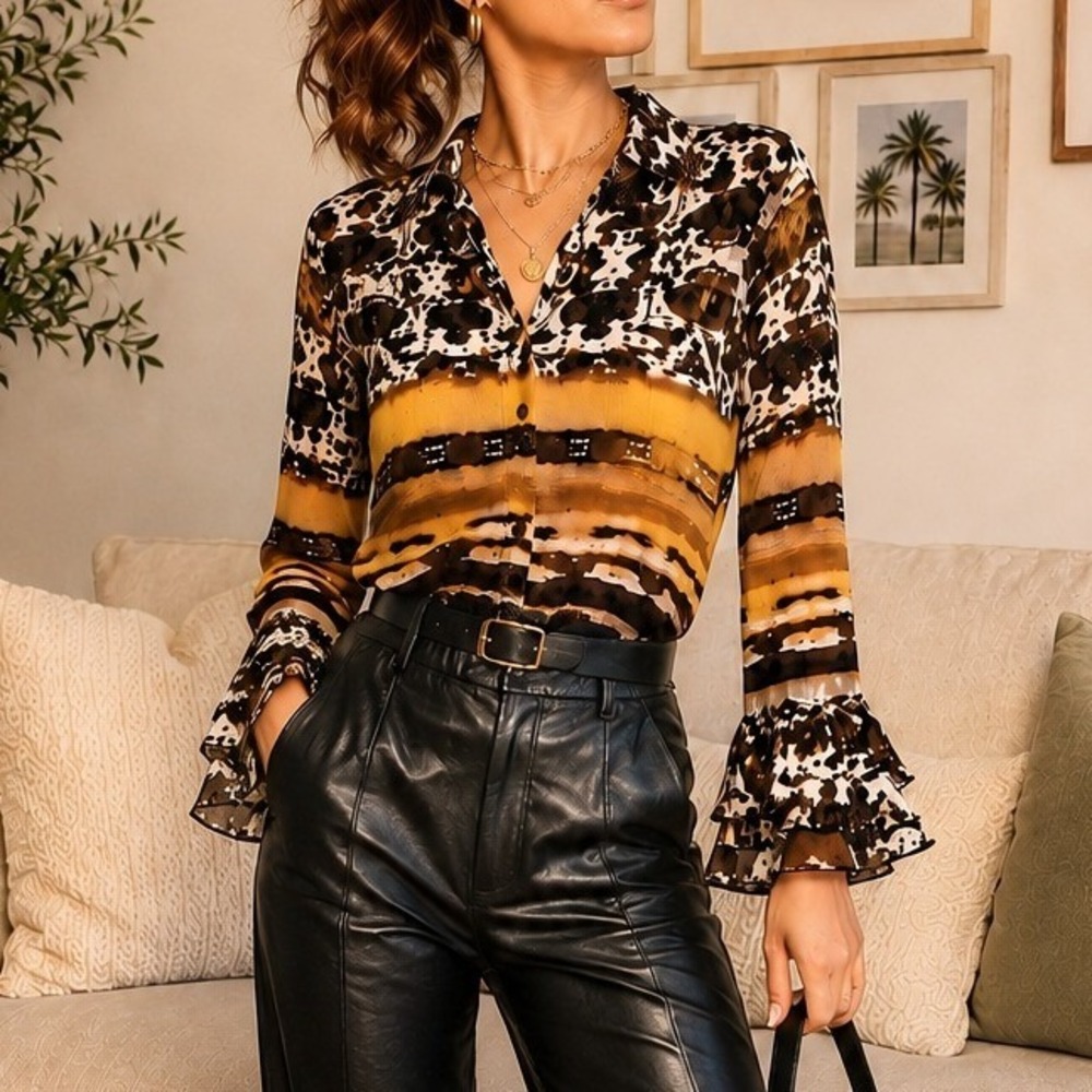 Y2K Essentials by Milano Blouse XL Brown Animal Print Belle Sleeves Plisse Boho
